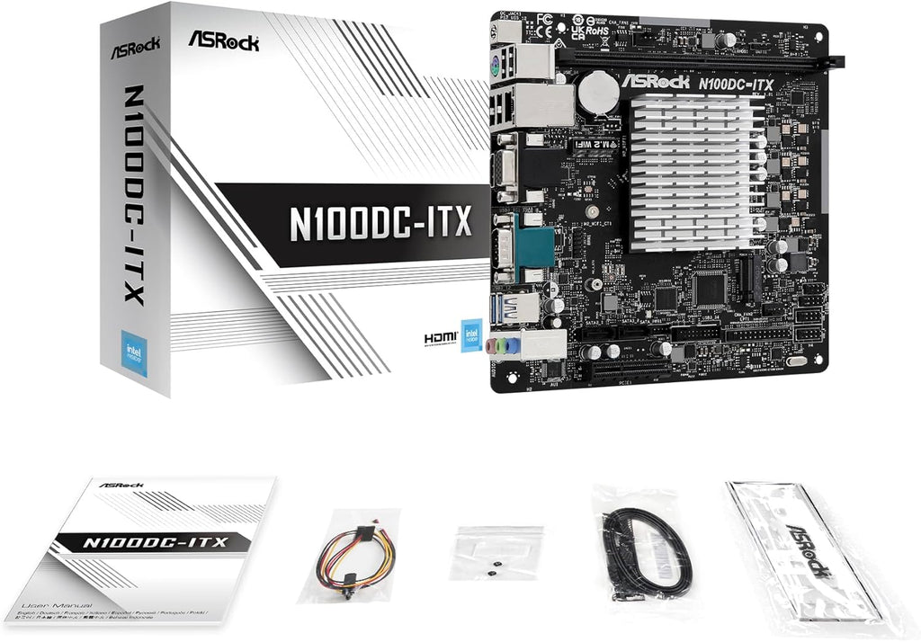 ASRock N100DC-ITX Mini-ITX Motherboard - Intel N100 Quad-Core (3.4GHz), DDR4, HDMI/D-Sub, Dual M.2 (NVMe/WiFi), SATA3, USB 3.2, Gigabit LAN, 19V DC Power