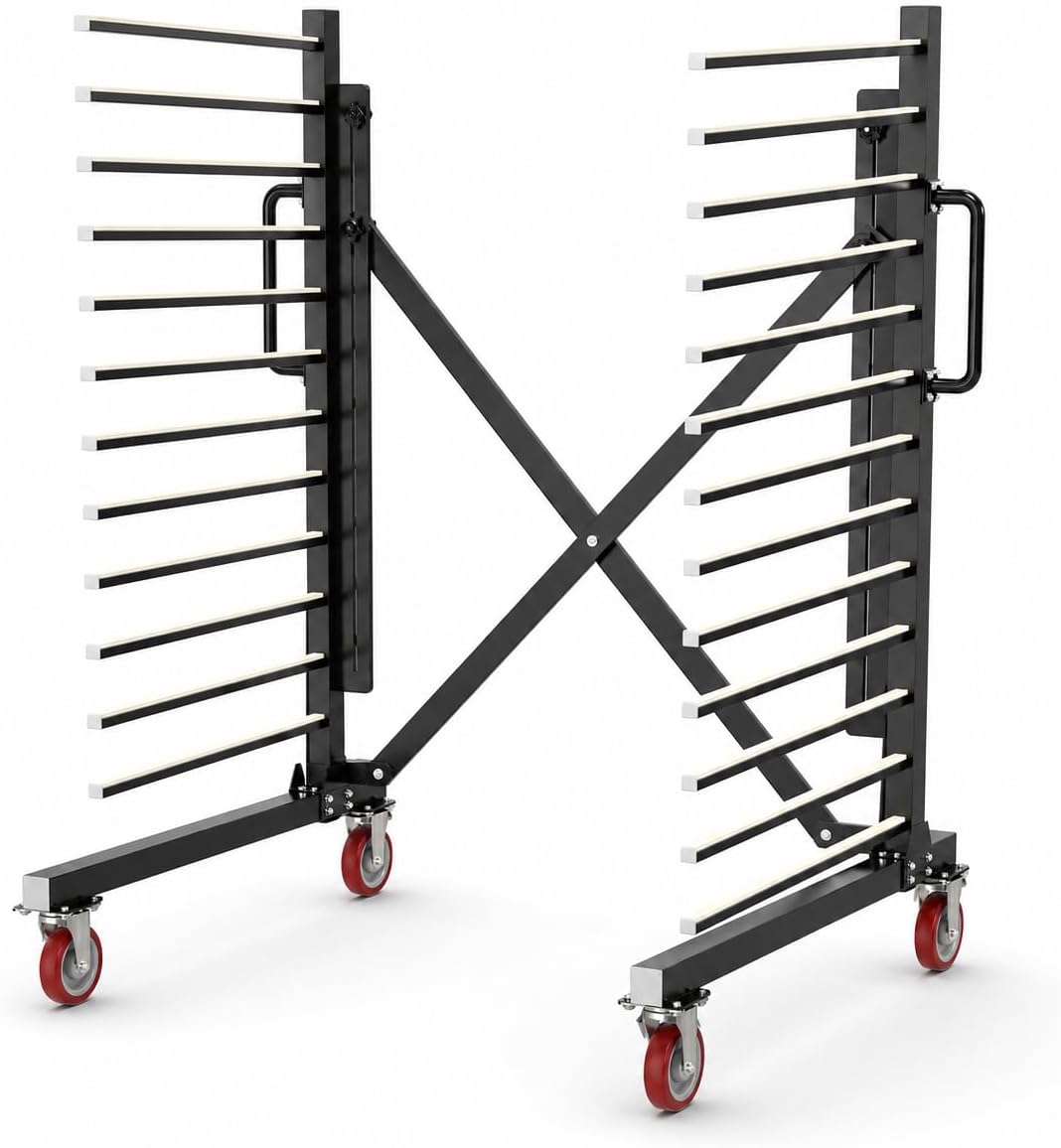 Paint Drying Rack,15-Tier Heavy-Duty Steel Drying Painting Rack for Cabinet Doors, Adjustable Width 12 to 58 Inch,110 lbs Per Shelf,Black Drying Rack with Lockable Wheels for Paint Shops