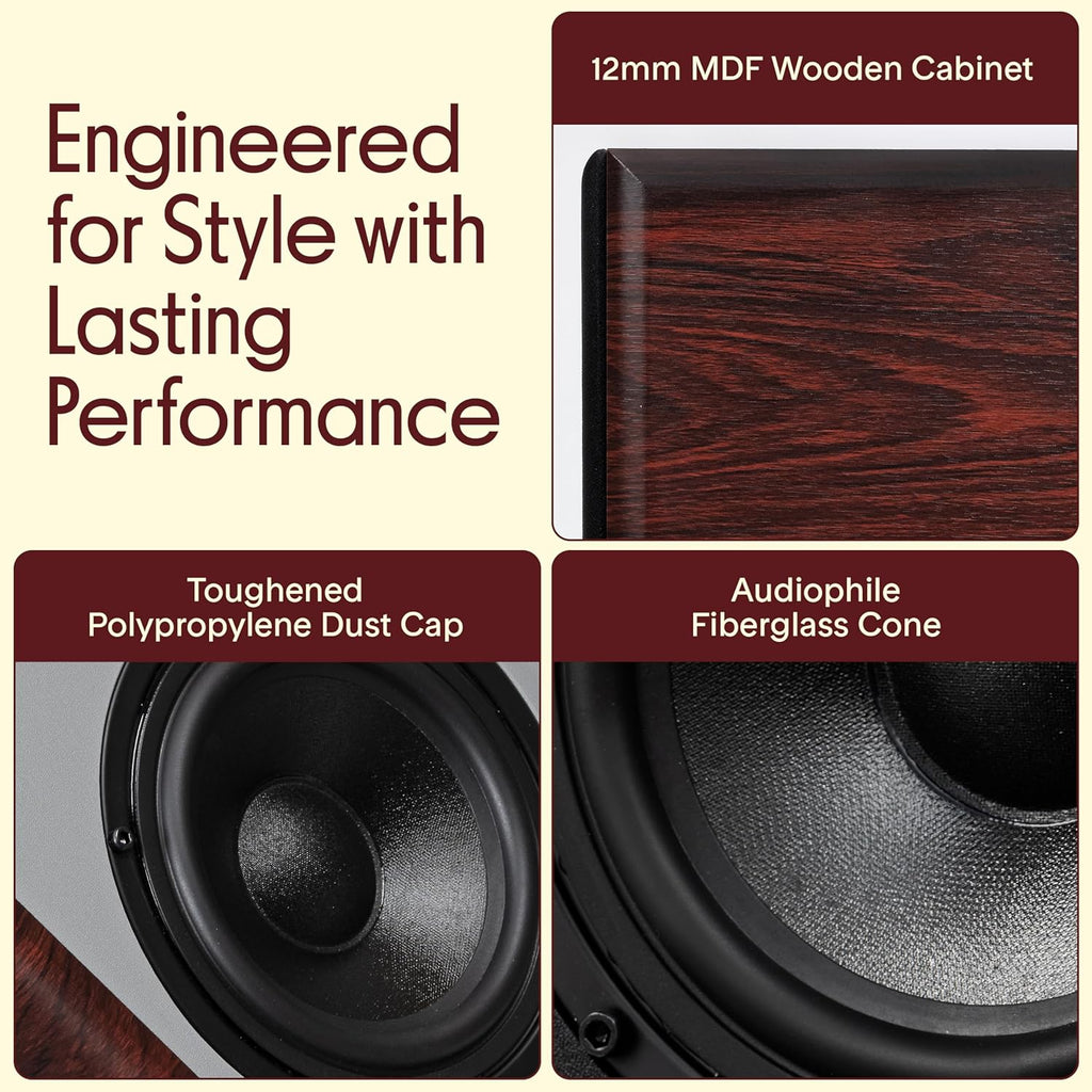 Pyle 6.5" Home Audio Speakers, 2-Way Passive Bookshelf, 240W Max Power, 1" Silk Dome Tweeter, Composite Woofer, Gold Plated 5 Way Binding Post, Rubber Surrounds, Beautiful Wood Grain Finish - Pair