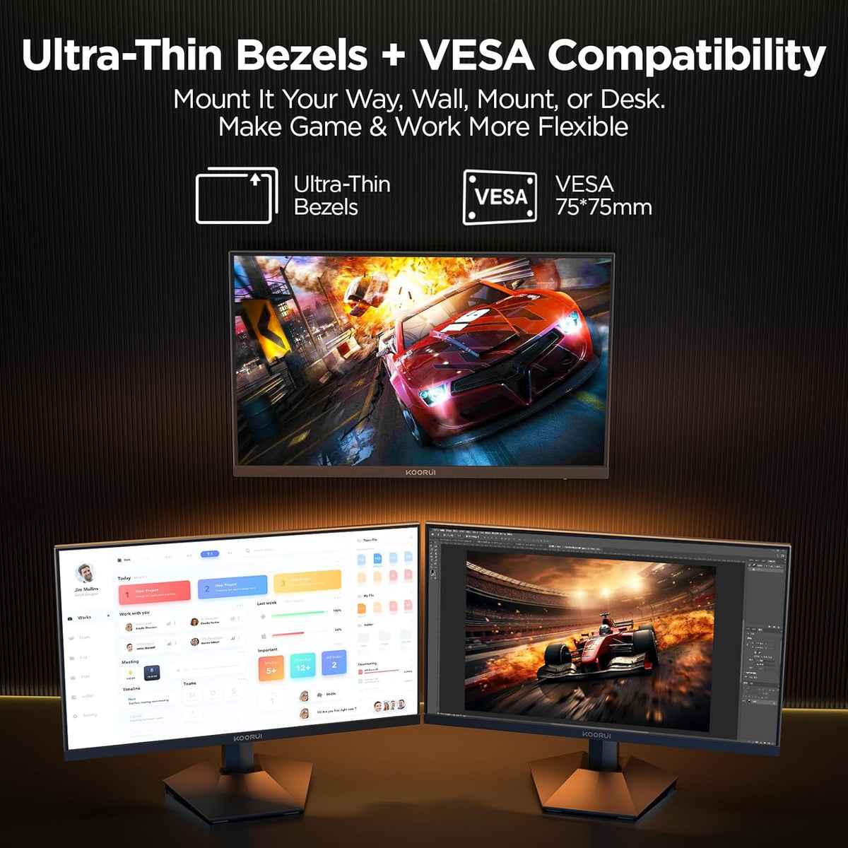 KOORUI 24" Gaming Monitor, 240Hz 1ms Response, FHD HDR400 Display, 90% DCI-P3 Color Gamut, Adaptive Sync, Ultra Slim Frame, VESA Mountable, HDMI 2.0, DP 1.4