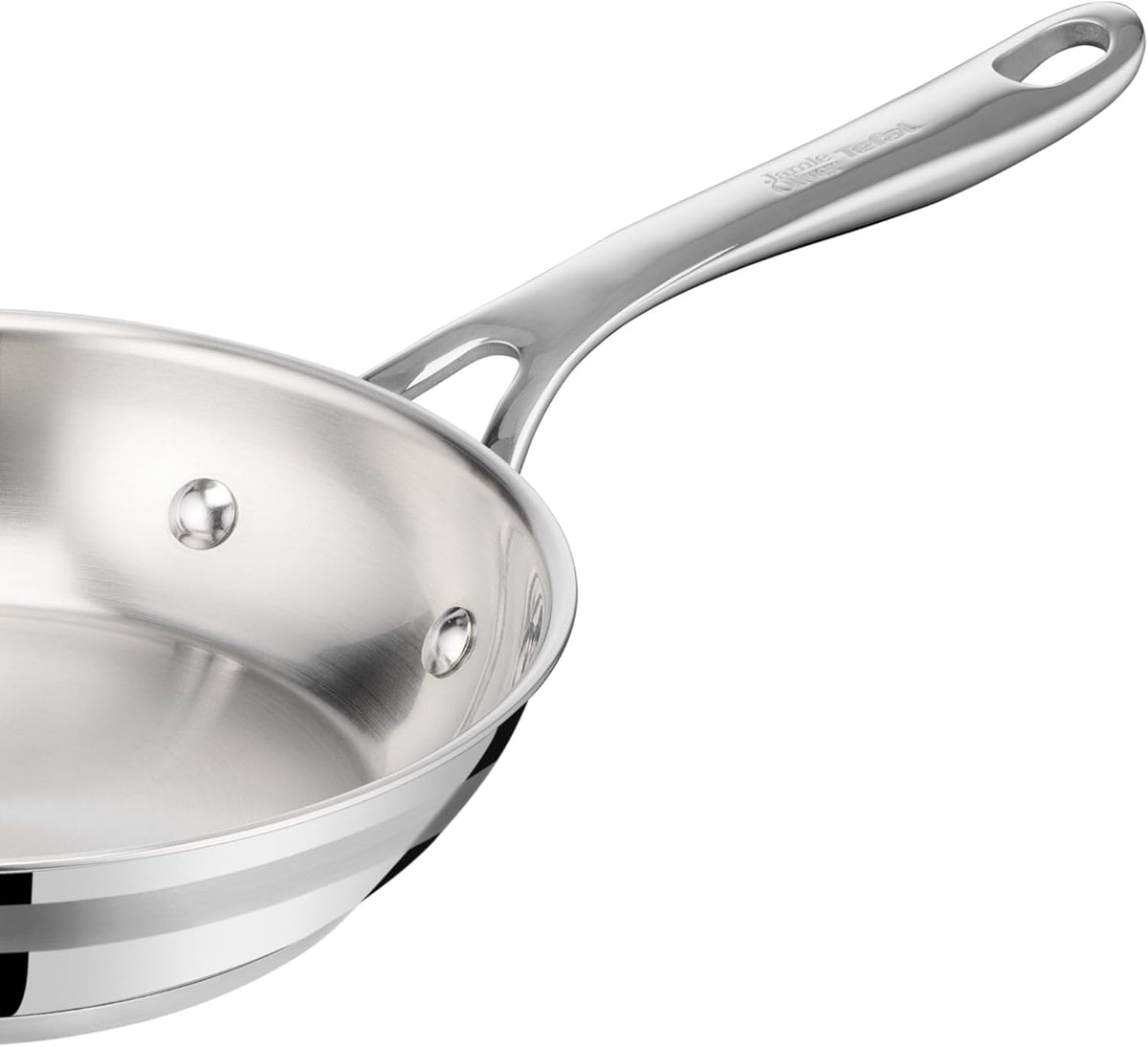 Jamie Oliver by T-fal Cook Smart 10-Piece Cookware Set, Uncoated Stainless Steel, Robust, Fast Heating, Even Cooking, Riveted Handle, Induction safe, Oven and dishwasher safe