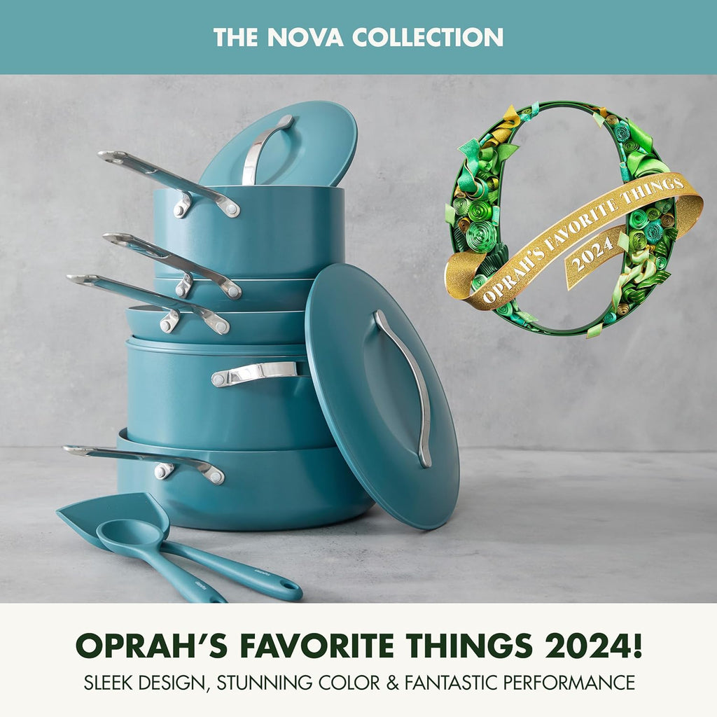 GreenPan Nova 10-Piece Cookware Pots & Pans Set, Oprah's Favorite Things 2024, PFAS-Free Ceramic Nonstick, Fry, Sauté, Stockpot, Utensils, Lids, Induction Suitable, Dishwasher & Oven Safe, Deep Teal