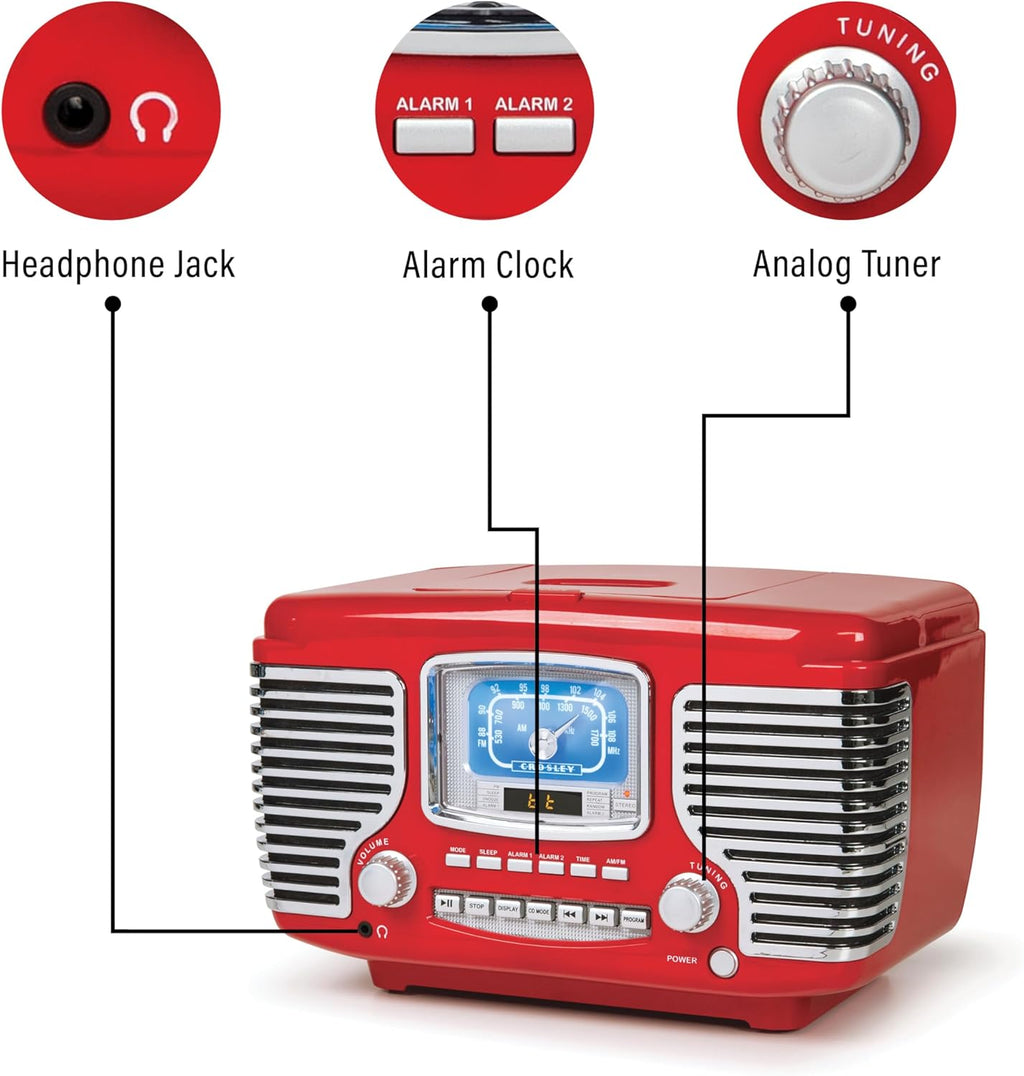 Crosley CR612B-RE Corsair Retro AM/FM Alarm Clock Radio and CD Player with Stereo Bluetooth Speakers, Red