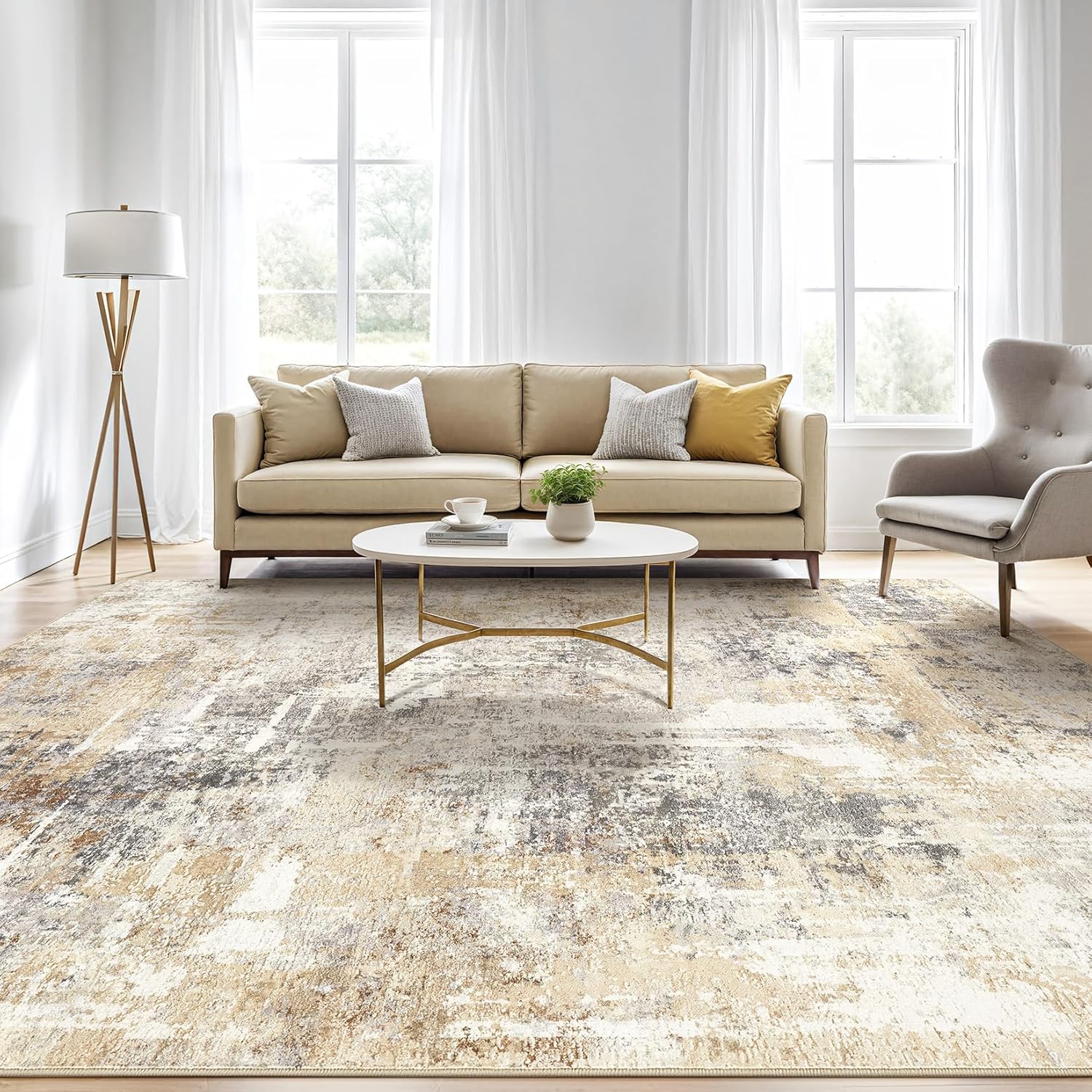 LOONGRUG 10x14 Area Rugs Living Room: Washable Large Abstract Modern Soft Rug Stain Resistant Indoor Floor Non Slip Accent Carpet for Bedroom Nursery Playroom Office Dining Room Dorm & Home- Gray Gold