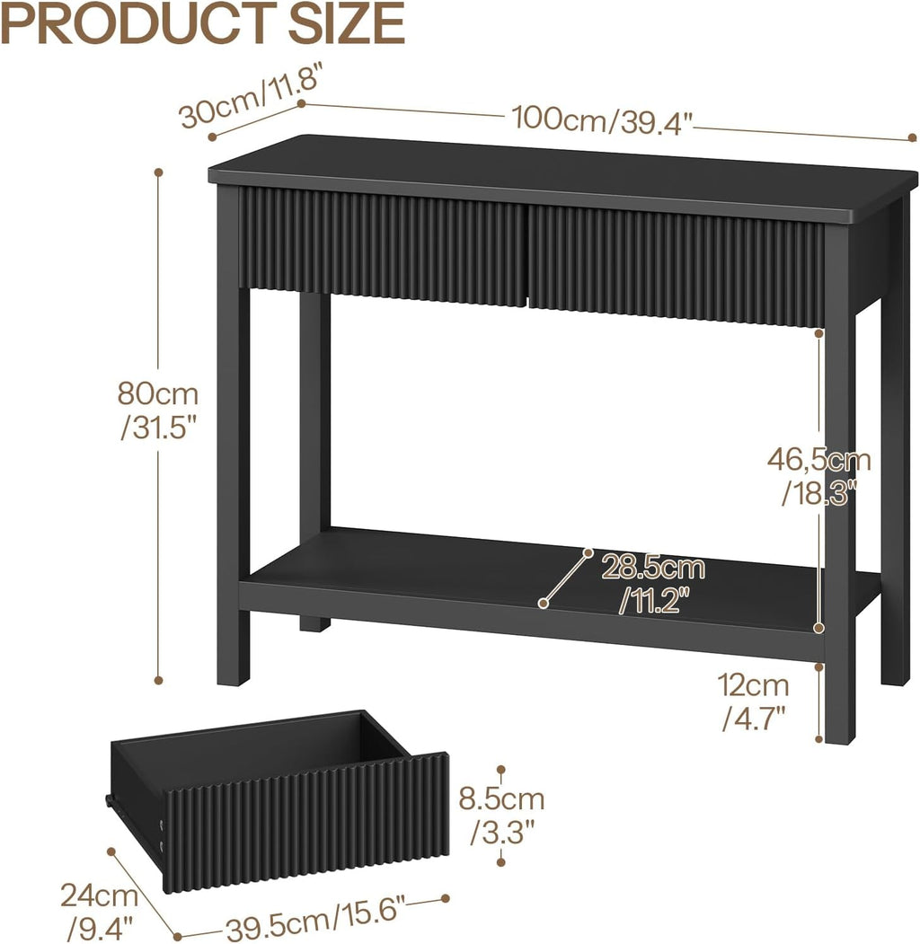 HOOBRO 39.4" Console Table with 2 Wavy Drawers, Narrow Long Entryway Table with Storage Shelf, 2 Tier Modern Sofa Table Wooden Behind Couch Table, Hallway Table for Living Room, Black BK89XG01N1