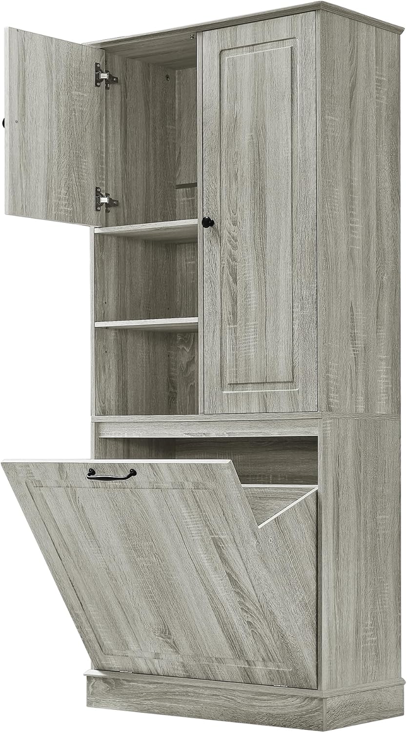 LUMISOL 68" Tall Tilt Out Laundry Hamper, Wood Laundry Cabinet with Hidden Hamper Basket, Freestanding Storage Cabinet with 2 Doors, Adjustable Shelf for Bathroom, Living Room, Kitchen, Oak