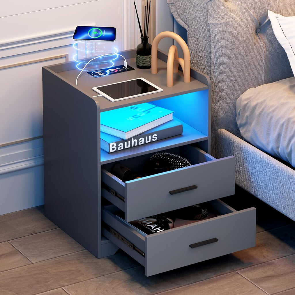 dnbss Grey Night Stand with Wireless Charging Station, Nightstand with 2 Drawers, Smart Bedside Table with 24-Color RGB Lighting, Modern LED Lighted Nightstand for Bedroom