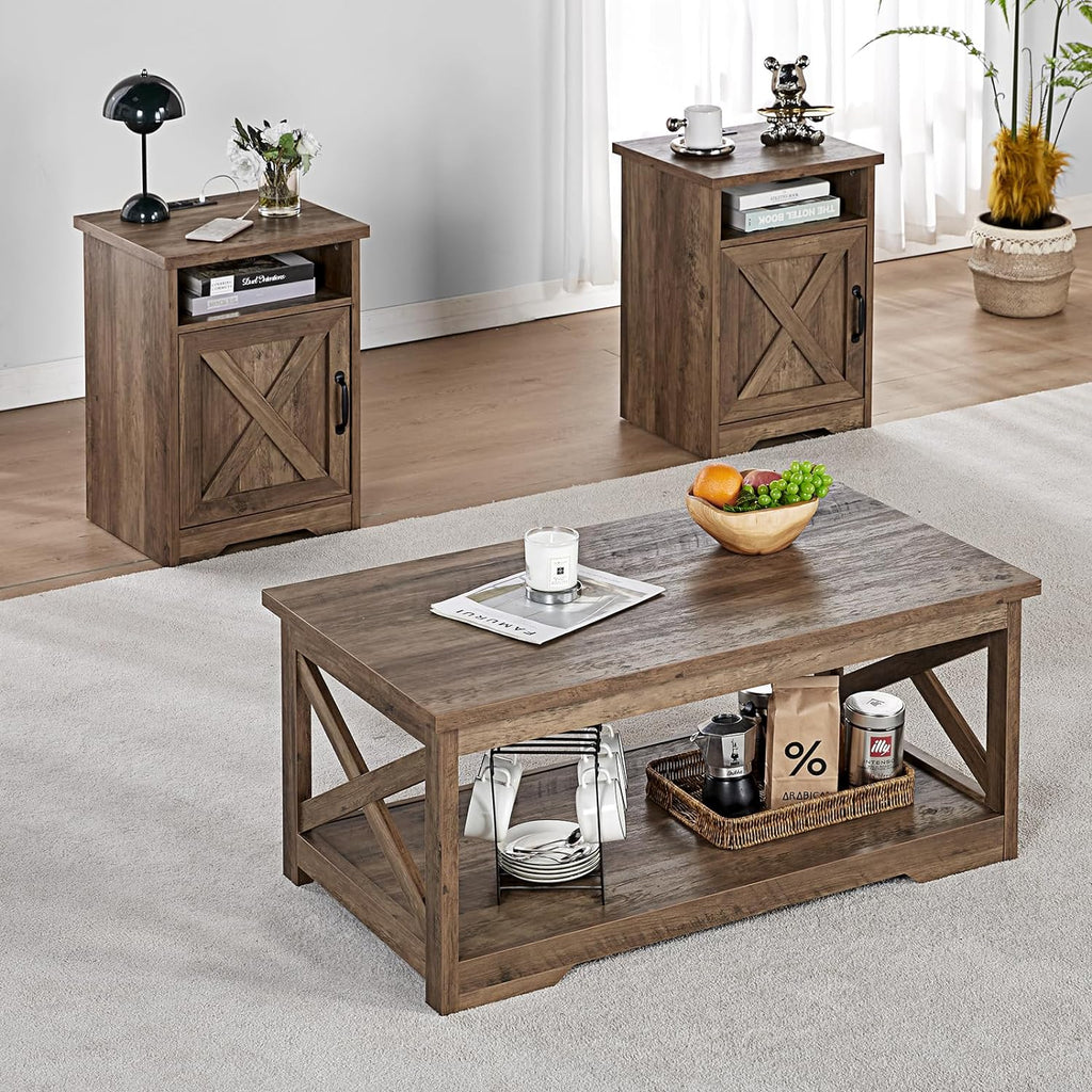 AMERLIFE 3-Piece Farmhouse Table Set Includes Coffee Table& Two End Tables, Side Table with Charging Station and USB Ports, for Living Room, Barnwood
