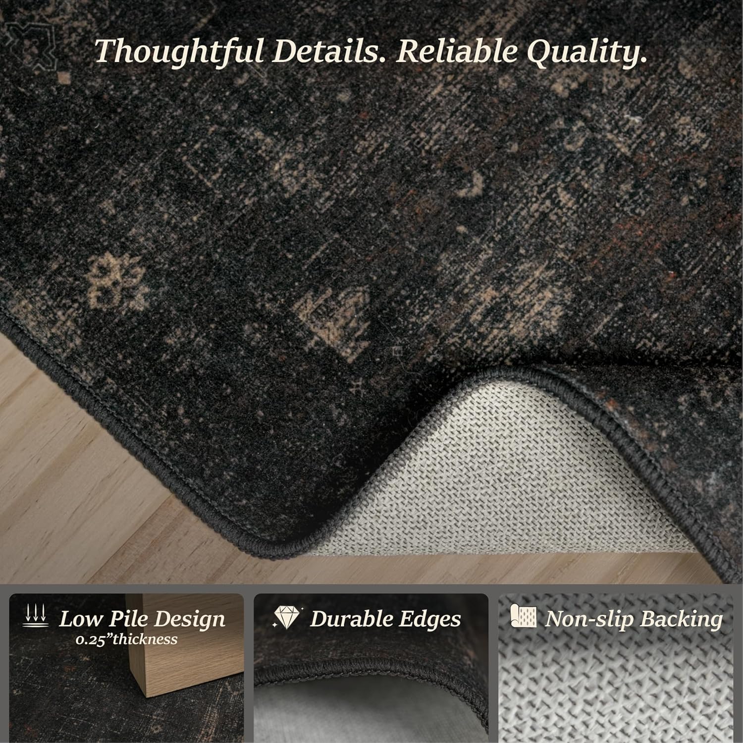 TALANOVA Black Farmhouse Washable 8x10 Area Rugs for Living Room, Dark Charcoal Volcanic Textured Large Rug for Bedroom, Non-Slip Stain Resistant for Dining Room Office Décor