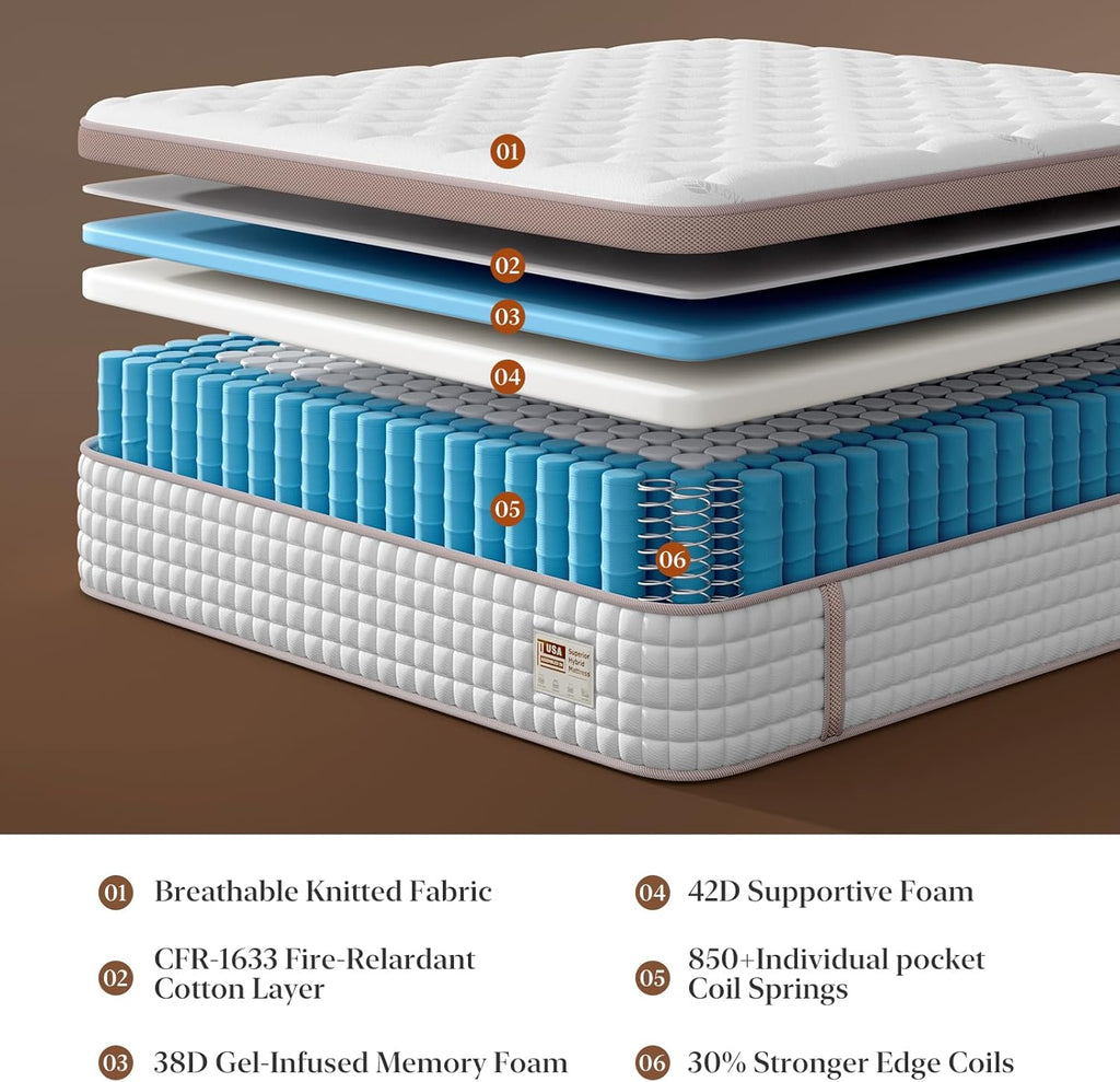 Queen Mattress 14 Inch, Firm Hybrid Mattresses in a Box for Spinal Alignment and Back Pain Relief, Motion Isolation, CertiPUR-US & Fiberglass-Free,