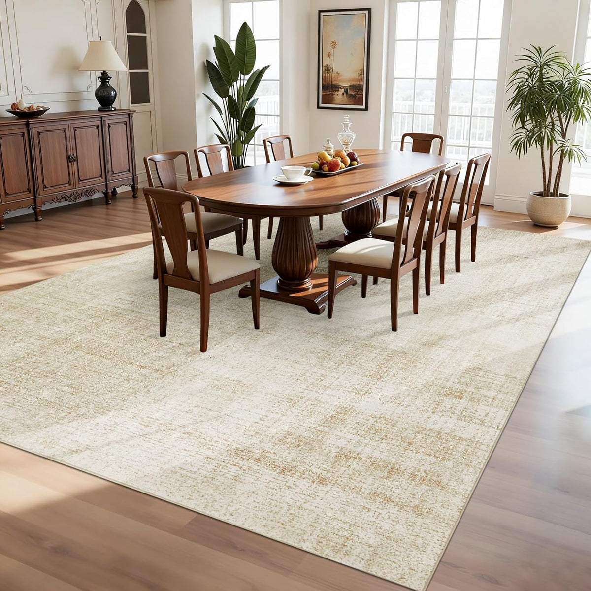 Joydeco 10x14 Area Rugs for Living Room, Non Slip Machine Washable Vintage Rug, Low Pile Chenille Print Rugs for Bedroom, Dining Room, Home Office, Pet & Child Friendly, Beige