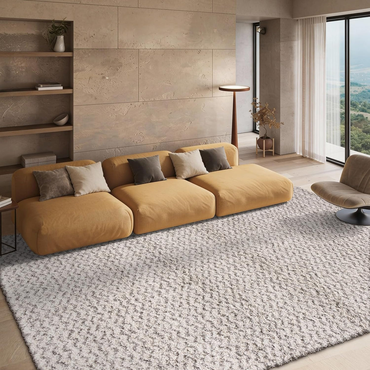SAFAVIEH Hudson Shag Collection Area Rug - 9' x 12', Ivory & Grey, Chevron Design, Non-Shedding & Easy Care, 2-inch Thick Ideal for High Traffic Areas in Living Room, Bedroom (SGH330A)
