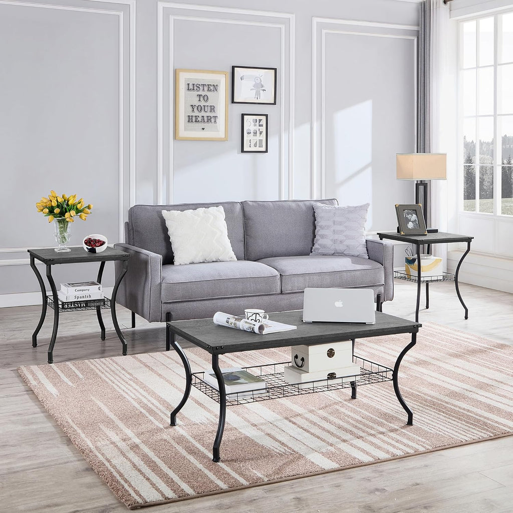 VECELO 3 Pieces Living Room Table Sets, Coffee and End Tables with Open Storage Shelves for Apartment, Home Office, Small Space, Easy Assembly, Dark Grey