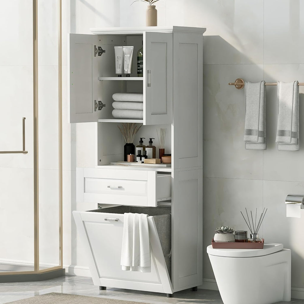 Tall Storage Cabinet, Bathroom Floor Freestanding Storage Cabinet with 2 Doors, One Drawer, and Tilt-Out Laundry Hamper for Bathroom, Office, Living Room, White