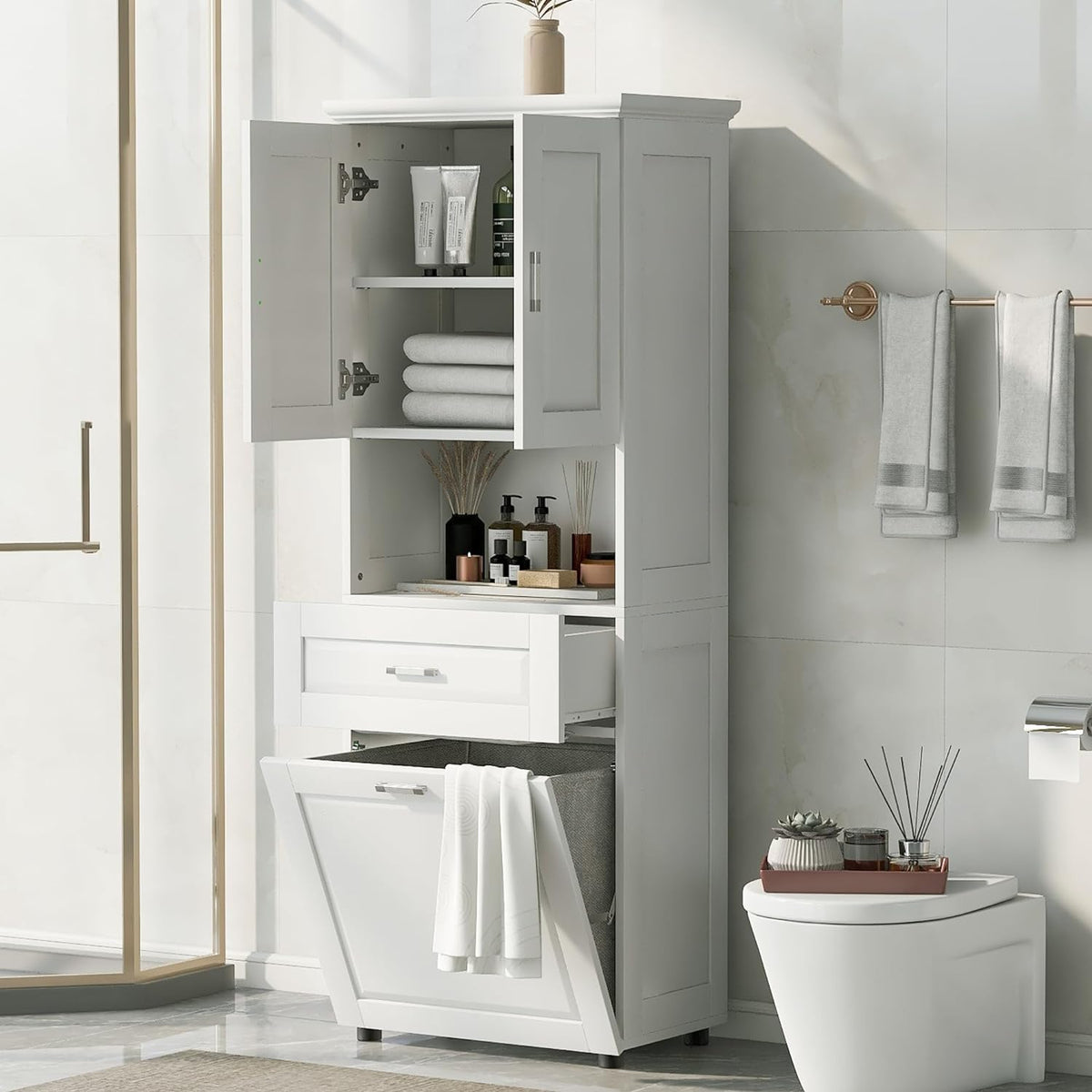 Tall Storage Cabinet, Bathroom Floor Freestanding Storage Cabinet with 2 Doors, One Drawer, and Tilt-Out Laundry Hamper for Bathroom, Office, Living Room, White