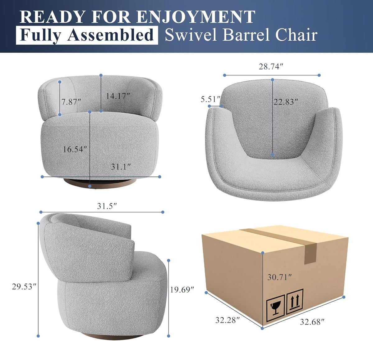 RoyalCraft Swivel Accent Chair Set of 2, Fully Assembled Round Barrel Chairs, Oversized Upholstered Armchair with 360-Degree Base, Modern Club Chair for Living Room, Bedroom, Office, Grey