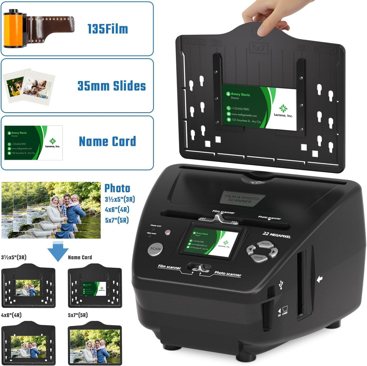 22MP Photo and Slide Scanner with 2.4” LCD Screen, All-in-One Digital Film Converter for 35mm/135 Negatives & Slides, 3R 4R 5R Print Photos and Business Cards, 4GB SD Card Included