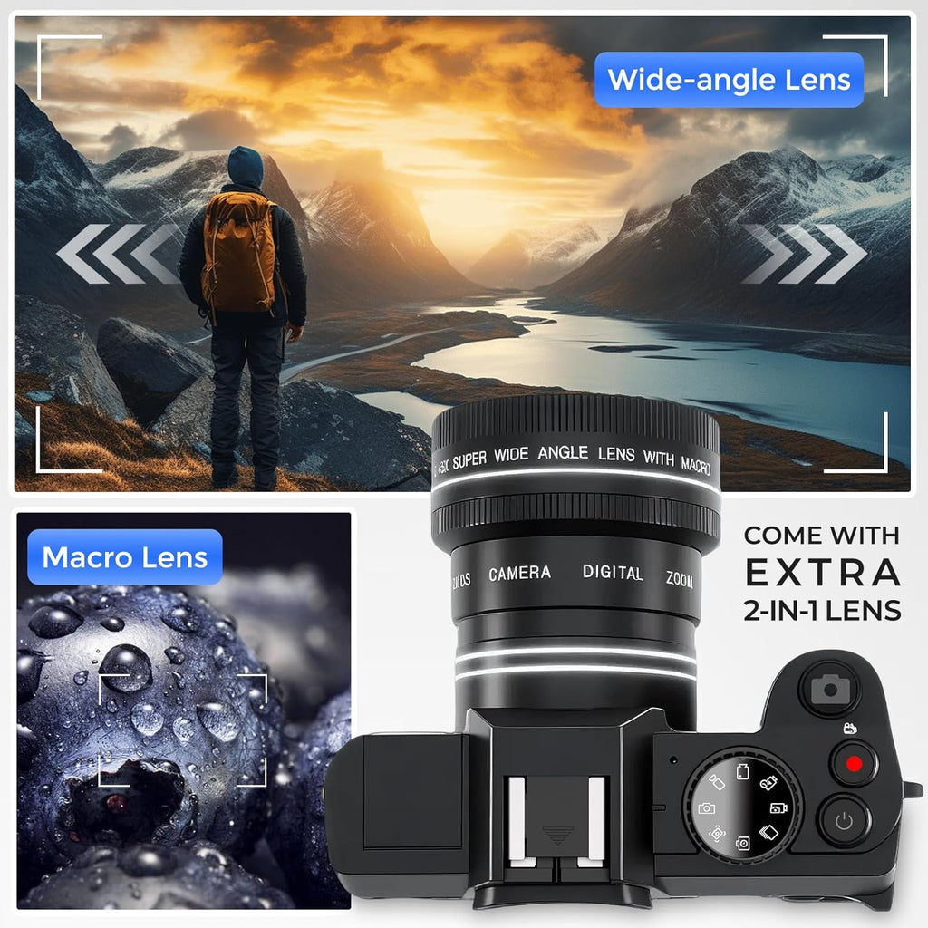 4K Digital Camera for Photography with WiFi Auto-Focus Vlogging Camera for YouTube with Flip Screen, Come with 2 Batteries, Wide & Macro Lens, MicroSD Card, Card Reader