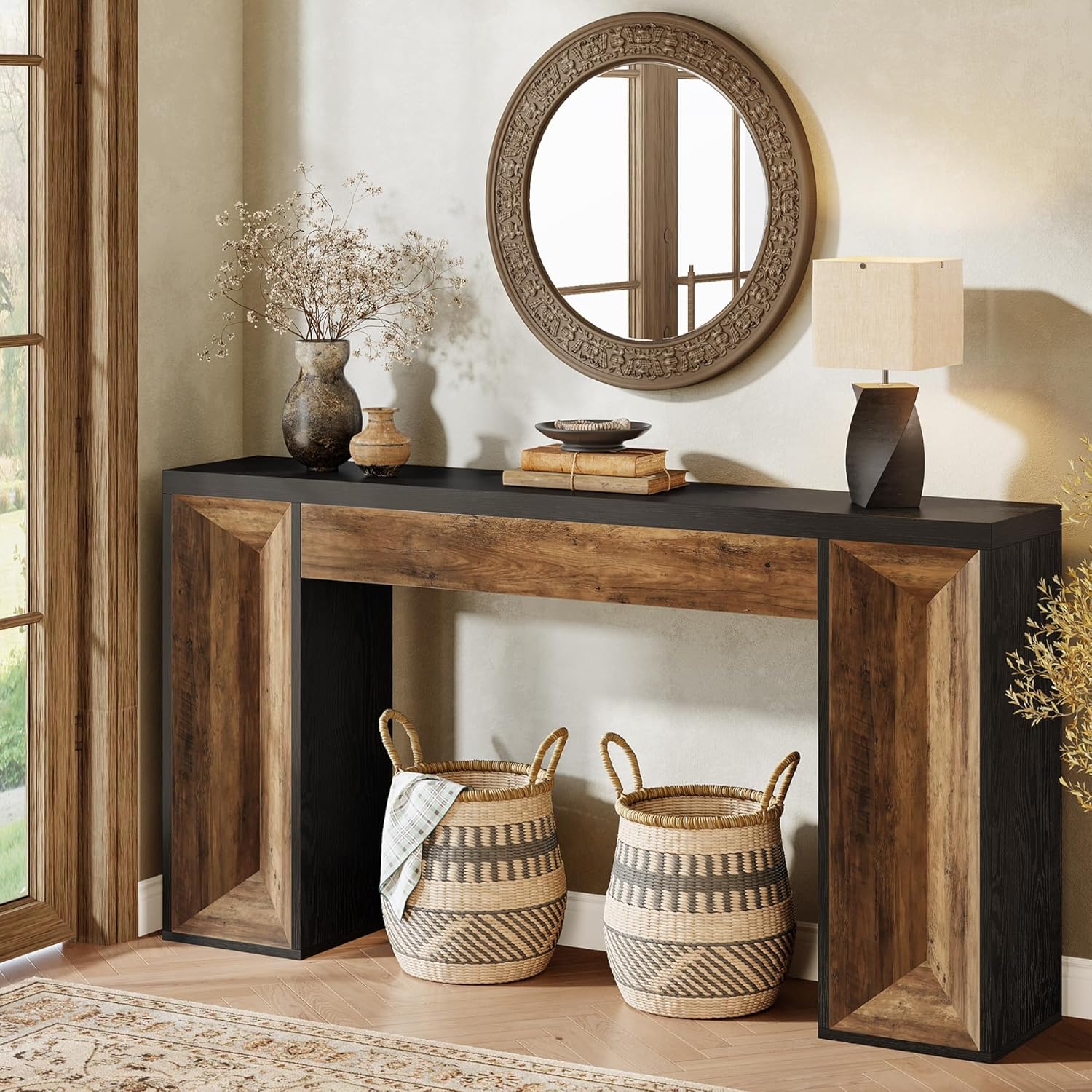 Tribesigns 63-Inch Console Table, Farmhouse Entryway Table with Dual-Tone Design, Rectangular Wood Sofa Table Behind The Couch, Narrow Accent Table for Hallway, Living Room, Foyer, Black and Brown