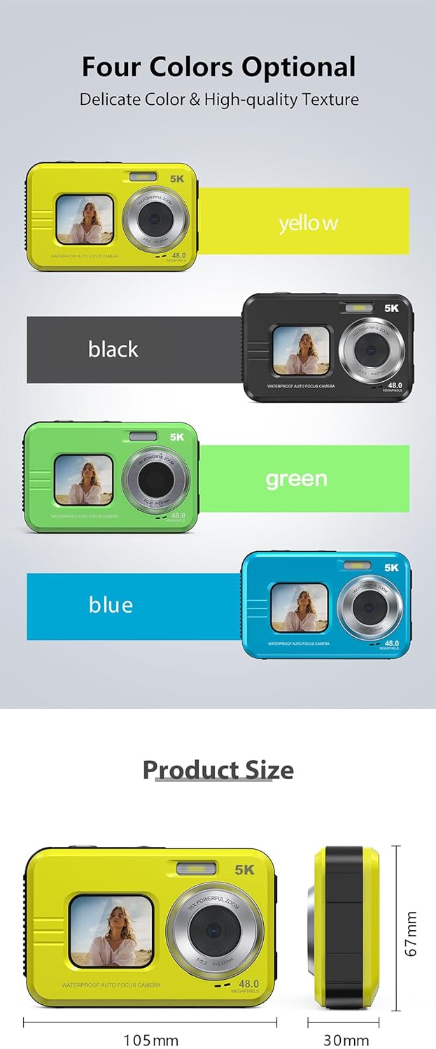 Underwater Camera 48MP for Snorkeling & Kids, Beginner-Friendly Waterproof Digital Camera with Dual Screens, Autofocus, Floating IP68 Design, 16X Zoom for Travel & Beach