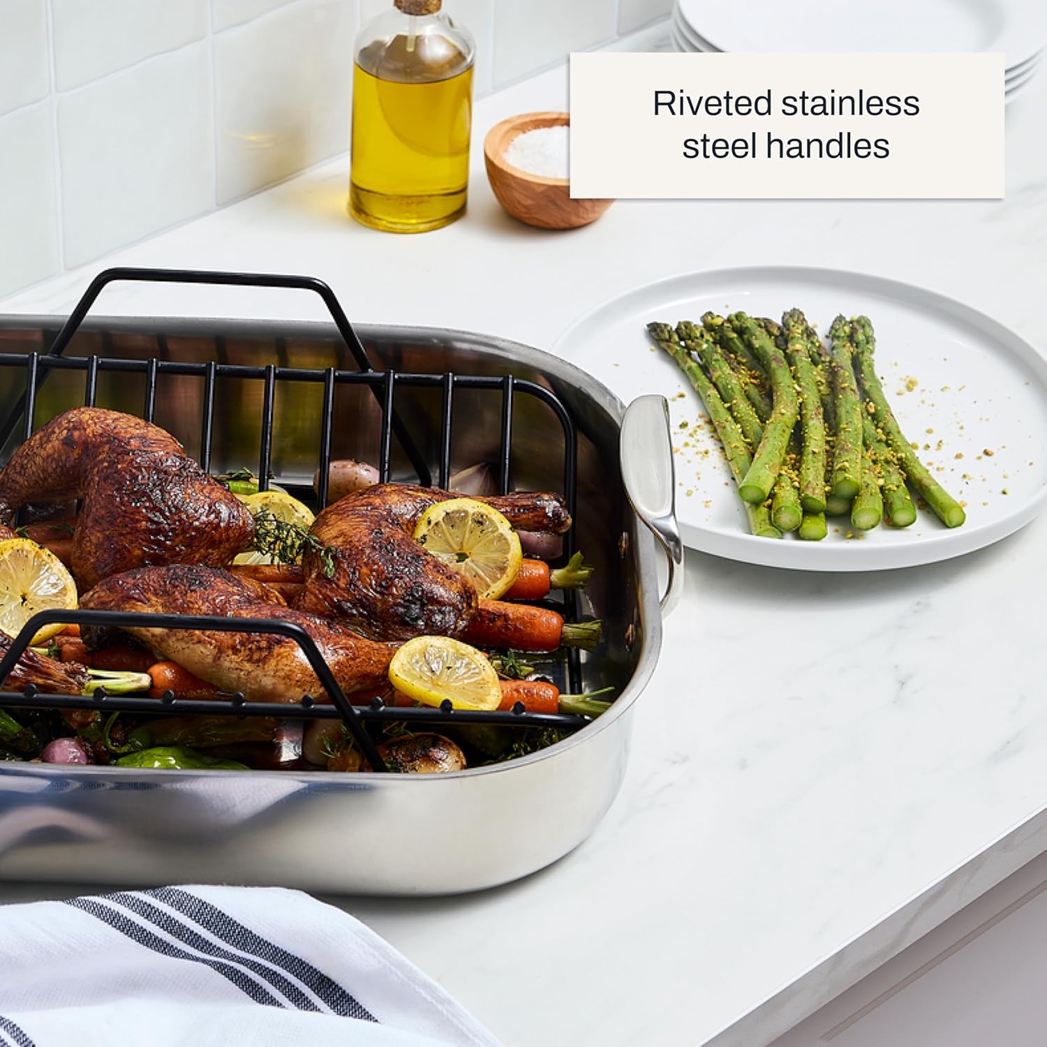All-Clad Specialty Stainless Steel Roaster and Nonstick Rack 16x13x5 Inch Oven Broiler Safe 600F Roaster Pan, Pots and Pans, Bakeware, Turkey, Silver