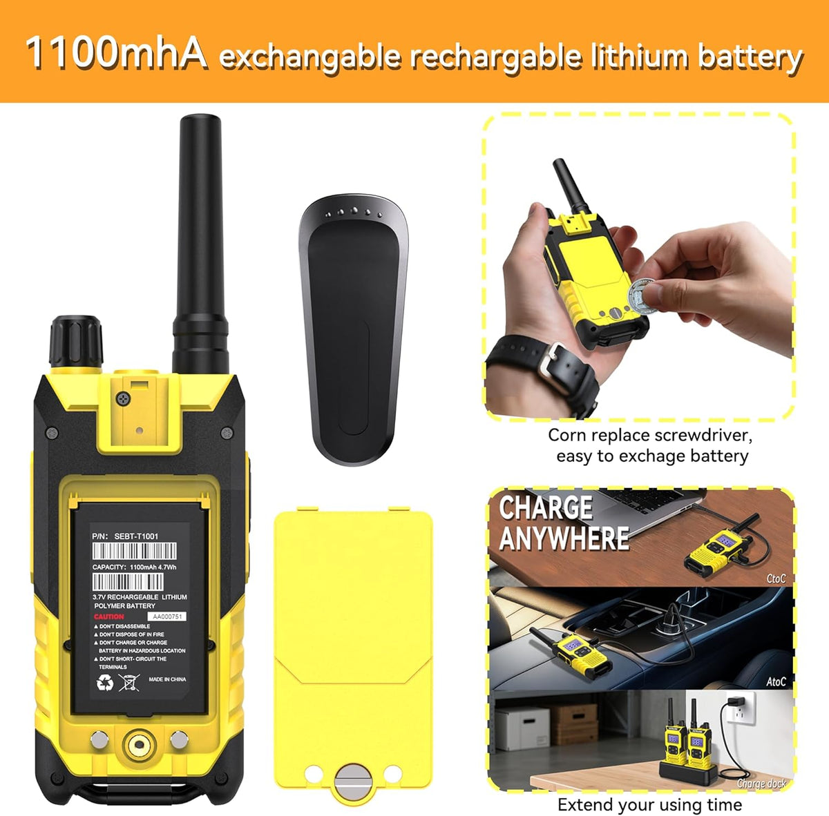 KETELESE T4 Two Way Radio with Earpiece and Mic, FRS 22 Channel Walkie Talkie Long Range, IP67 Waterproof Walkie Talkies, Weather Alert, PTT Group, VOX, Yellow, 6Pack