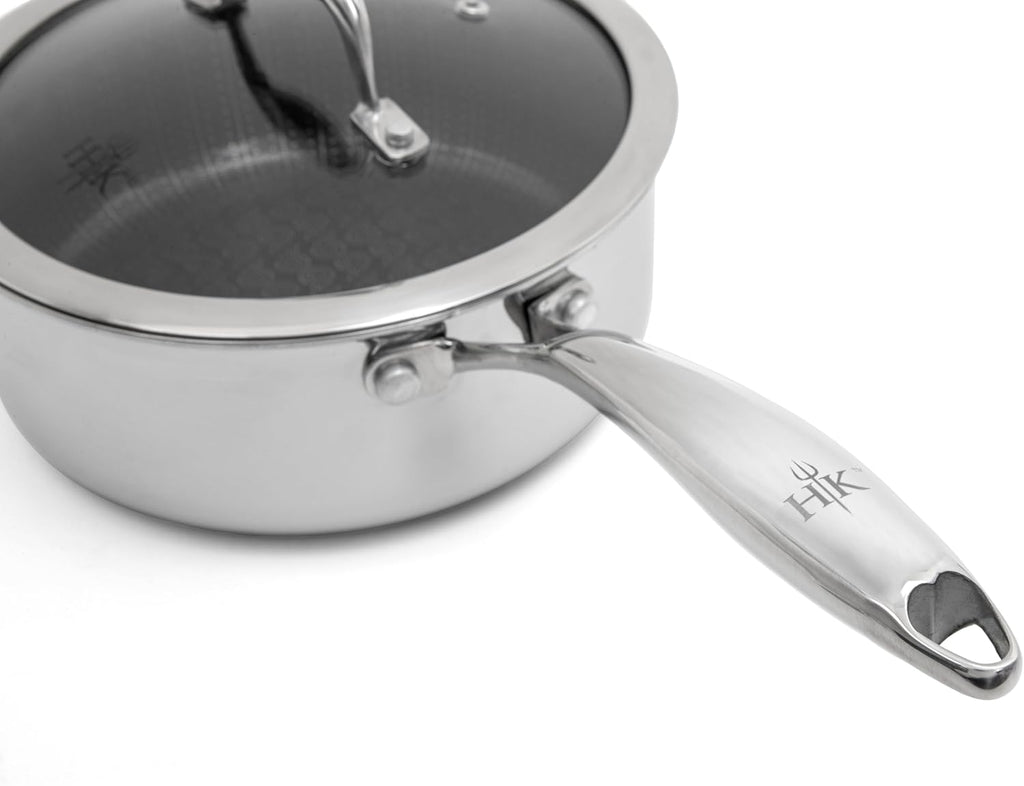 Hell's Kitchen Hybrid 2.5 Qt Saucepan + Lid, Tri-Clad Stainless Steel and Nonstick Ceramic, PFAS Free, no PFOA, no PTFE, no Teflon, Non Toxic Cookware, Metal Utensil Safe, All Cooktops and Oven Safe