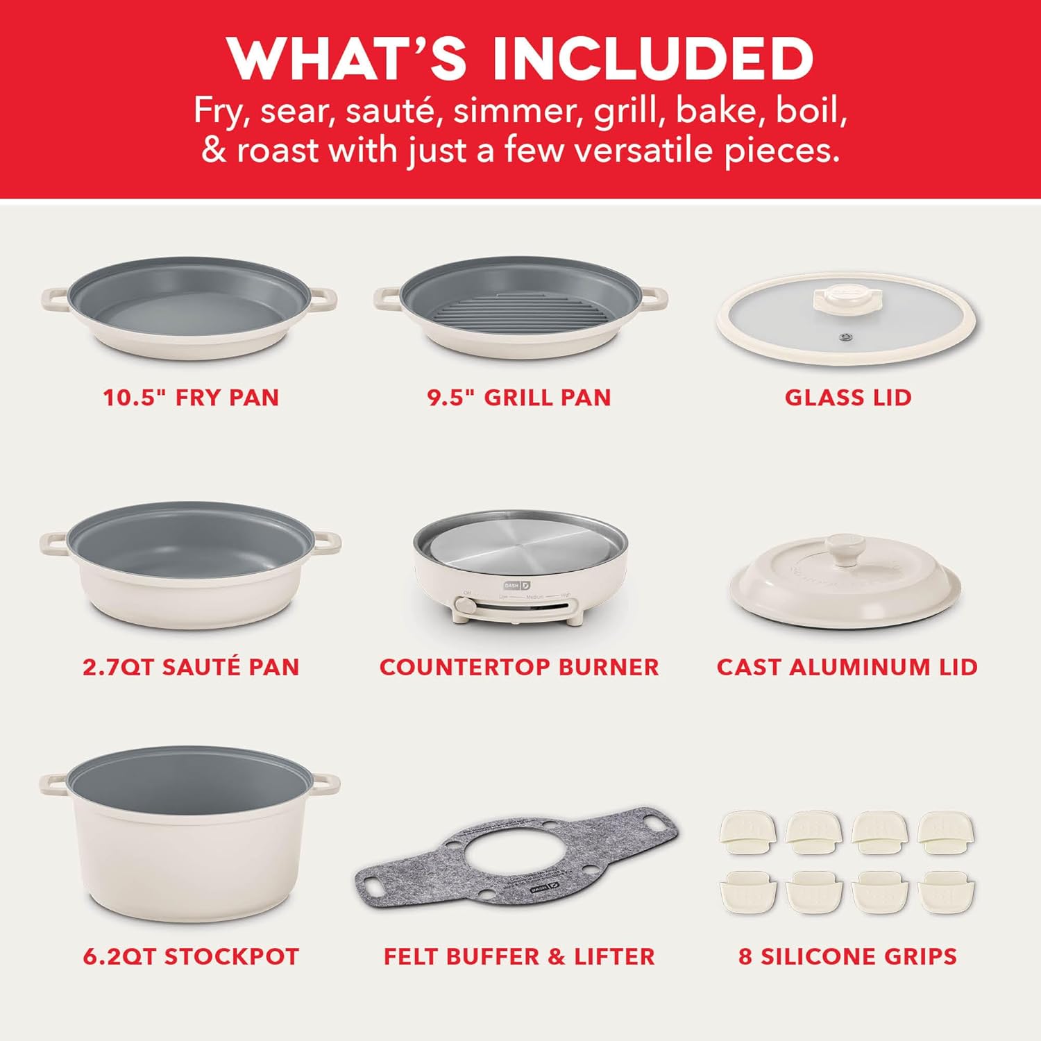 Dash Stacks Stacking Cookware Set with Electric Burner - Features CleanCoating™ Ceramic Nonstick Coating - Versatile, Nestable Pieces - Convenient Storage - Cream, 16-Piece