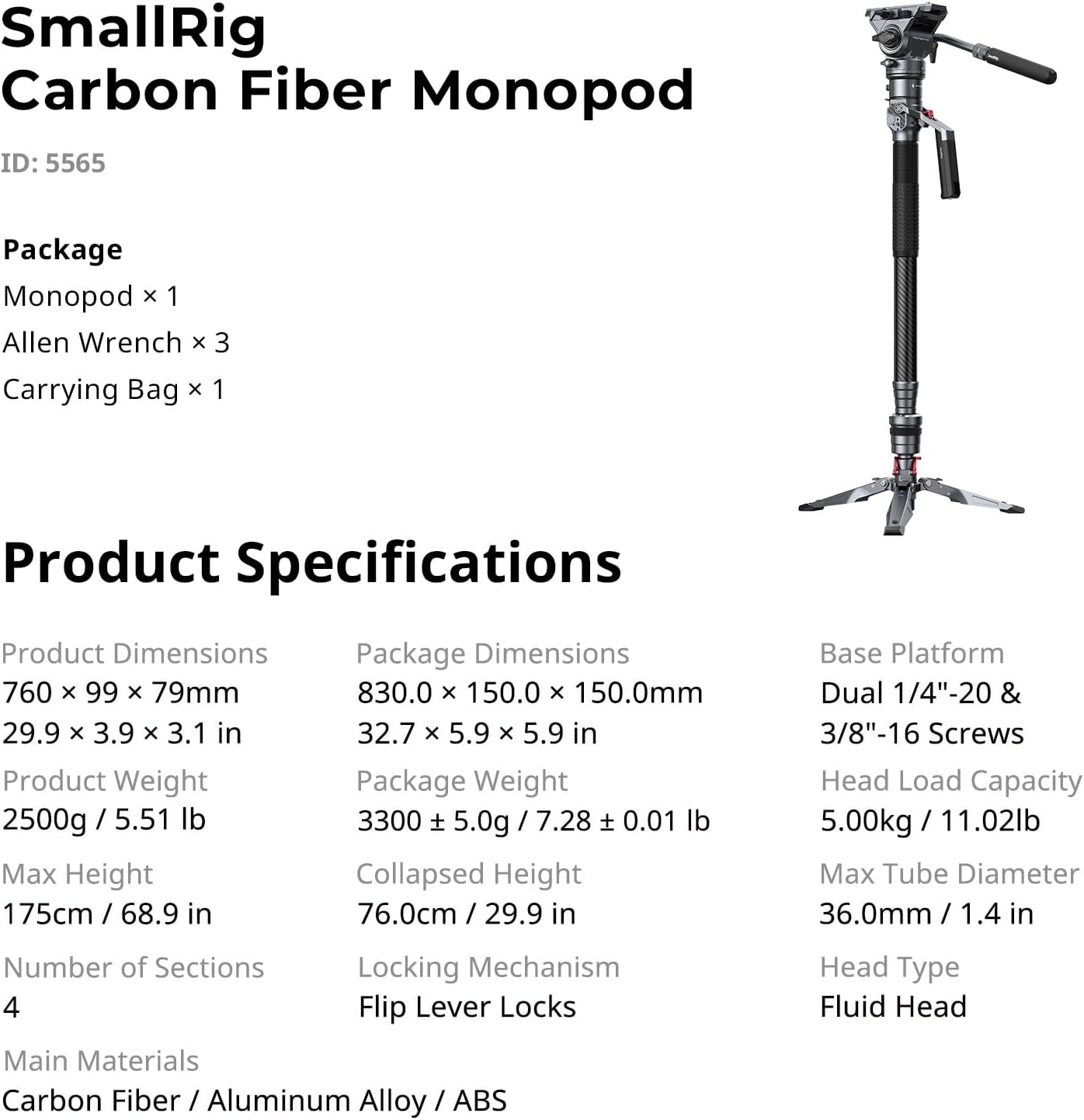 SmallRig 175cm / 68.9" Carbon Fiber Video Monopod for Camera, Compact Camera Monopod with One-Button Lift & Lock, Max. 5kg Playload Fluid Head Fits for DJI RS and for MFT 501L