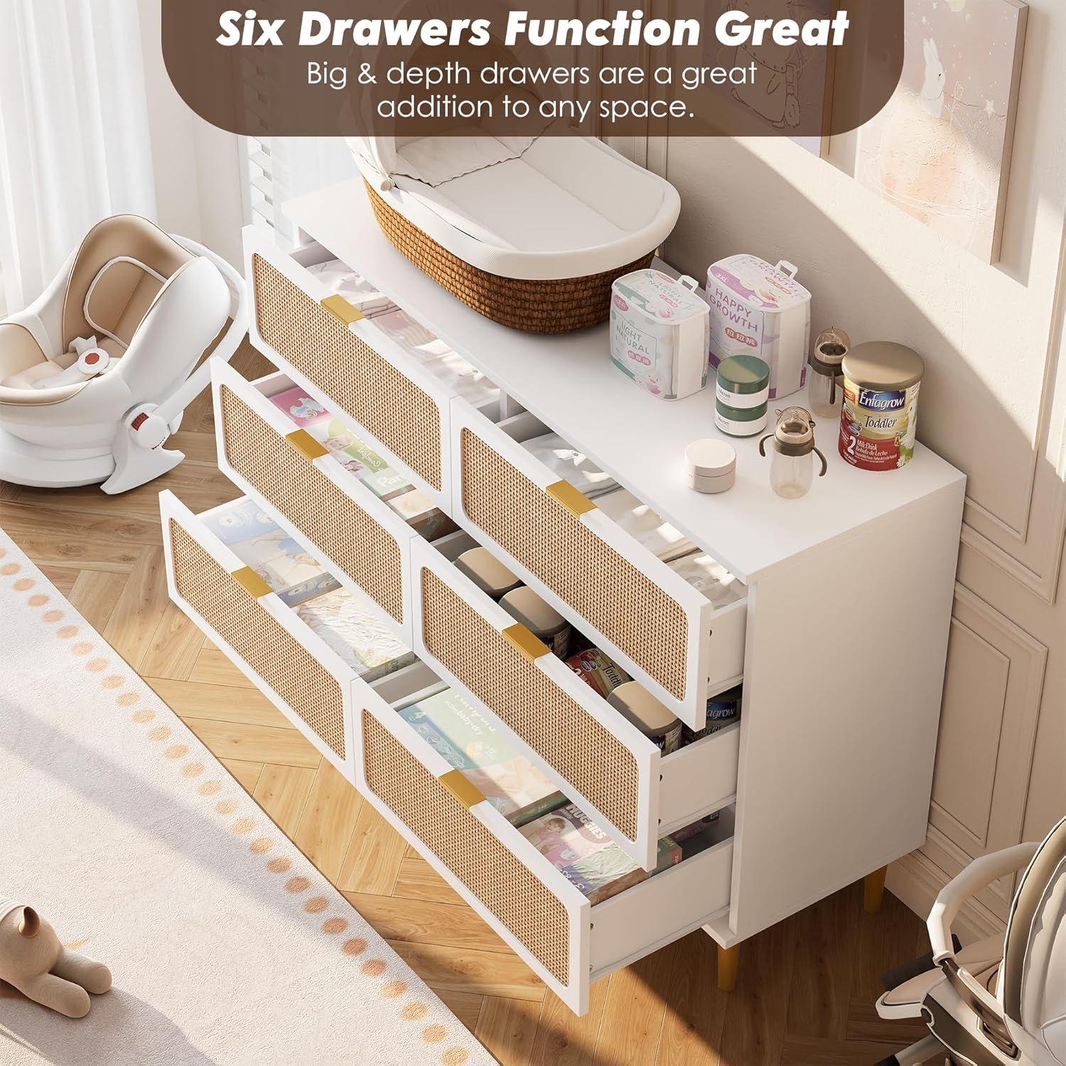 GarveeHome Rattan 6 Drawer Dressers for Bedroom, Large Double Dresser with Deep Drawers, Chest of Drawers for Closet with Wide Top, Long Wooden Dresser for Living Room, Hallway, Kids Room, White