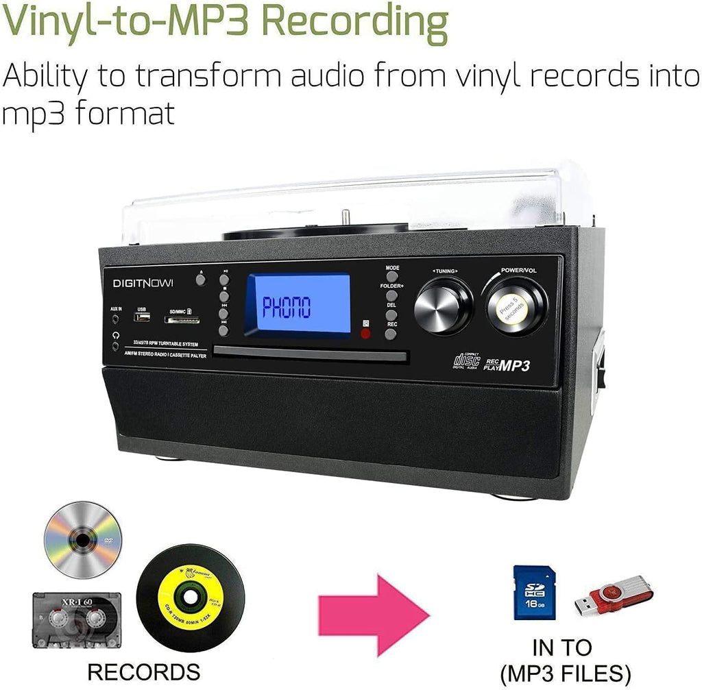 DIGITNOW Bluetooth Record Player Turntable with Stereo Speaker, LP Vinyl to MP3 Converter with CD, Cassette, Radio, Aux in and USB/SD Encoding, Remote Control, Audio Music Player Built in Amplifier