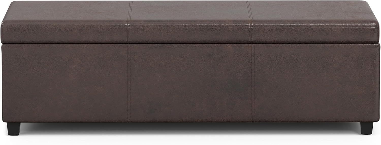 SIMPLIHOME Avalon Extra Large Storage Ottoman Bench - 54 inch Wide Upholstered Vegan Leather Rectangular Lift-Top Ottoman in Distressed Brown, Contemporary Bench for Living Room with Hidden Storage