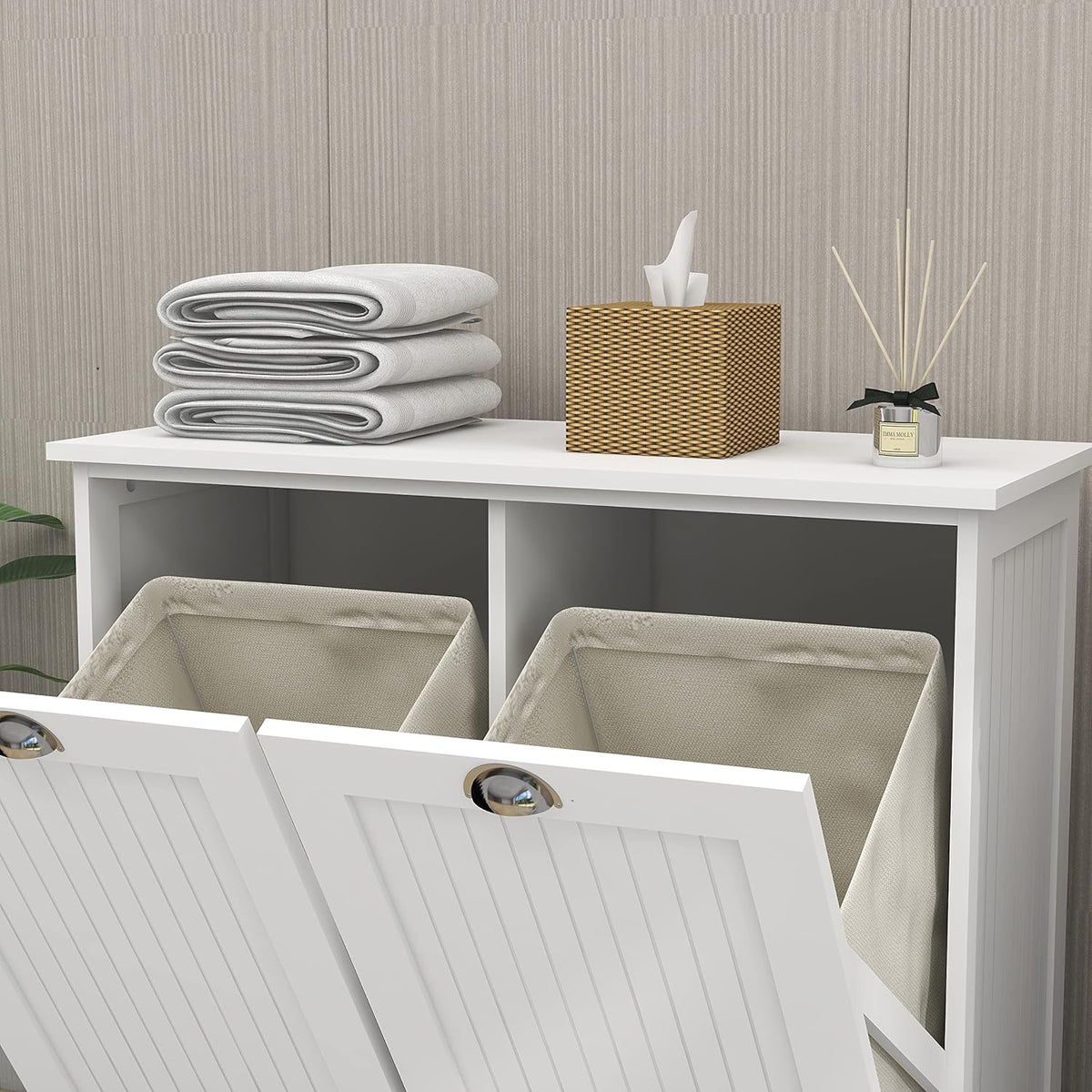 LUMISOL Double Tilt-Out Laundry Hamper Cabinet, Modern Laundry Cabinet with Removable Fabric Baskets, Wooden Bathroom Storage Cabinets with Doors for Living Room, Kitchen, White