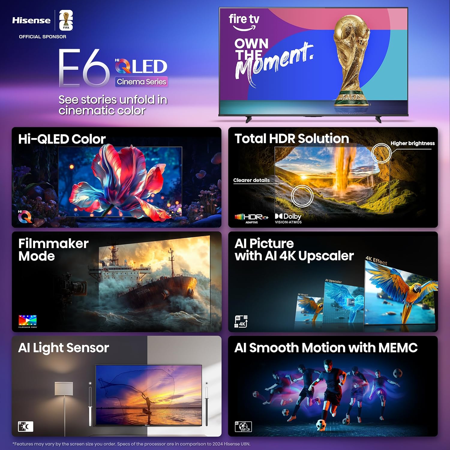 Hisense 75" E6 Cinema Series Hi-QLED 4K UHD Smart Fire TV (75E6QF, 2025 Model) - AI Light Sensor, Dolby Vision · Atmos, Voice Remote with Alexa, Motion Rate 120, HDR 10+ Adaptive, Game Mode Plus