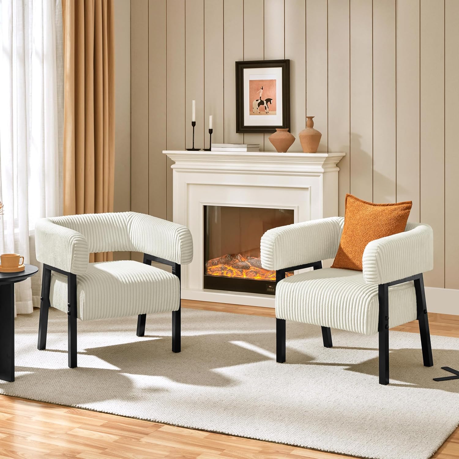 Yaheetech Accent Chair Set of 2 with Pocket Coiled Seat, Corduroy Living Room Barrel Chair Comfy Modern Sofa Armchair for Small Space Bedroom Reading, Beige