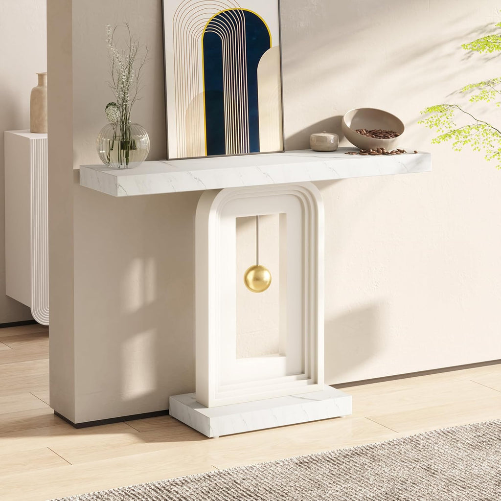 Tribesigns Modern Console Table, 40 Inches Faux Marble Sofa Table, Contemporary Entryway Table with Pendulum Shape Base for Living Room Hallway Entrance, White