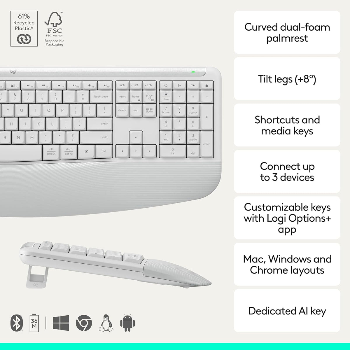 Logitech Signature Comfort Plus Combo MK880 Wireless Keyboard and Mouse Combo, Full-Size Comfort Keyboard with Palm Rest, Silent Clicks, Bluetooth, for Windows and macOS - Off White