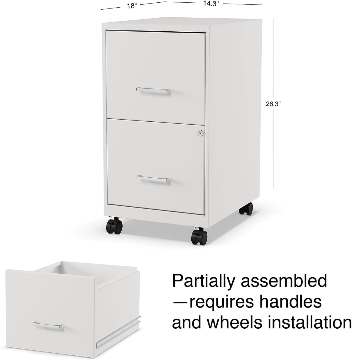 Staples 2-Drawer Vertical File Cabinet, Letter Size Documents, Lockable & Mobile, 18.9" D x 14.3" W x 26.3" H, White