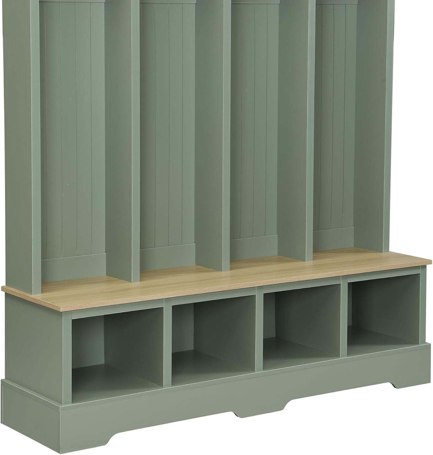 Farmhouse Wood Hall Tree with Bench, 3-in-1 Entryway Hall Tree with 8 Hooks, Open Shoe Compartments and Shelves for Living Room, Entrance, Hallway, Mint Green