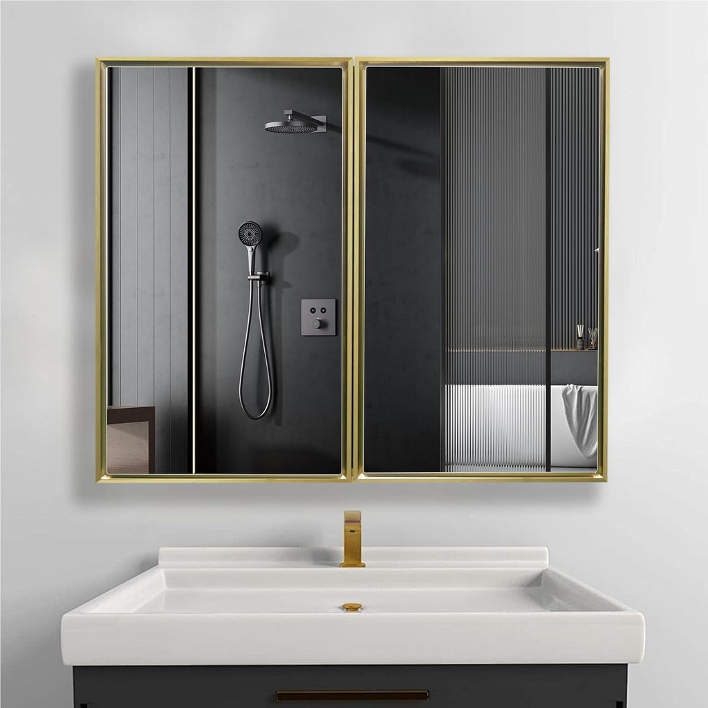 Medicine Cabinet, 36"x32" Aluminum Framed Double Door Bathroom Mirror Cabinet, Surface or Recessed Mount, Vanity Mirror with Storage, Soft Close Hinges, Detachable Glass Shelves for Bathroom