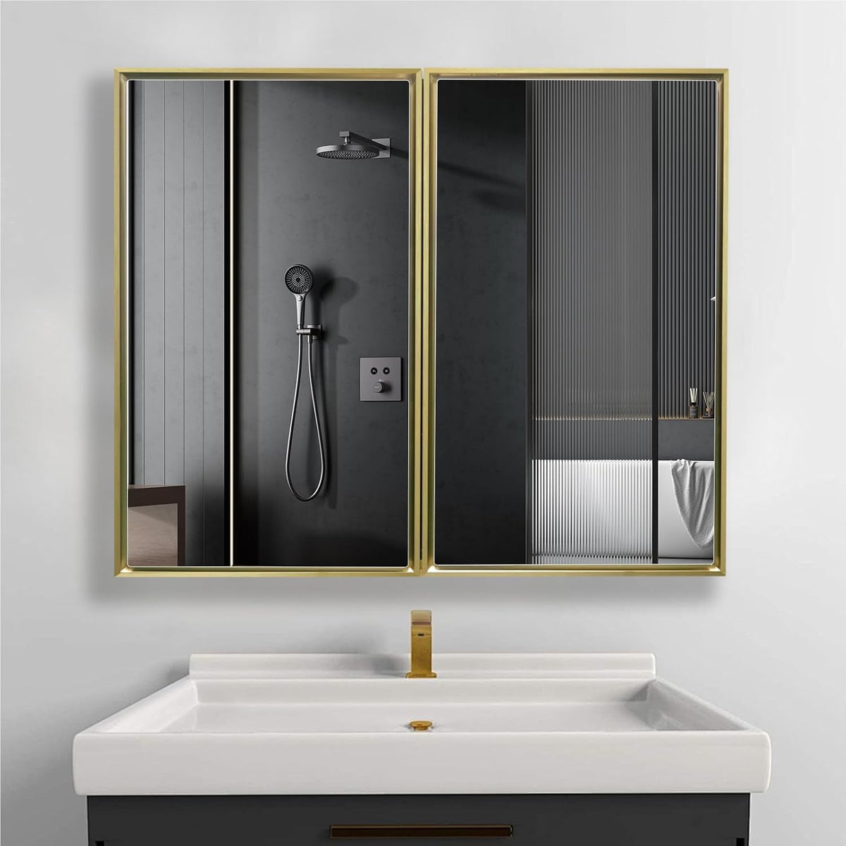 Medicine Cabinet, 36"x32" Aluminum Framed Double Door Bathroom Mirror Cabinet, Surface or Recessed Mount, Vanity Mirror with Storage, Soft Close Hinges, Detachable Glass Shelves for Bathroom