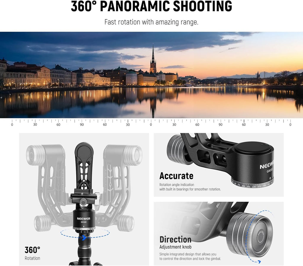 NEEWER GM102 Gimbal Head for Tripod Monopod Telephoto Lenses, 360° Panoramic Camera Tripod Head, 3 Axis Adjustment, Heavy Duty CNC Aluminum Alloy, Arca Type Quick Release System, Max Load 33lb/15kg