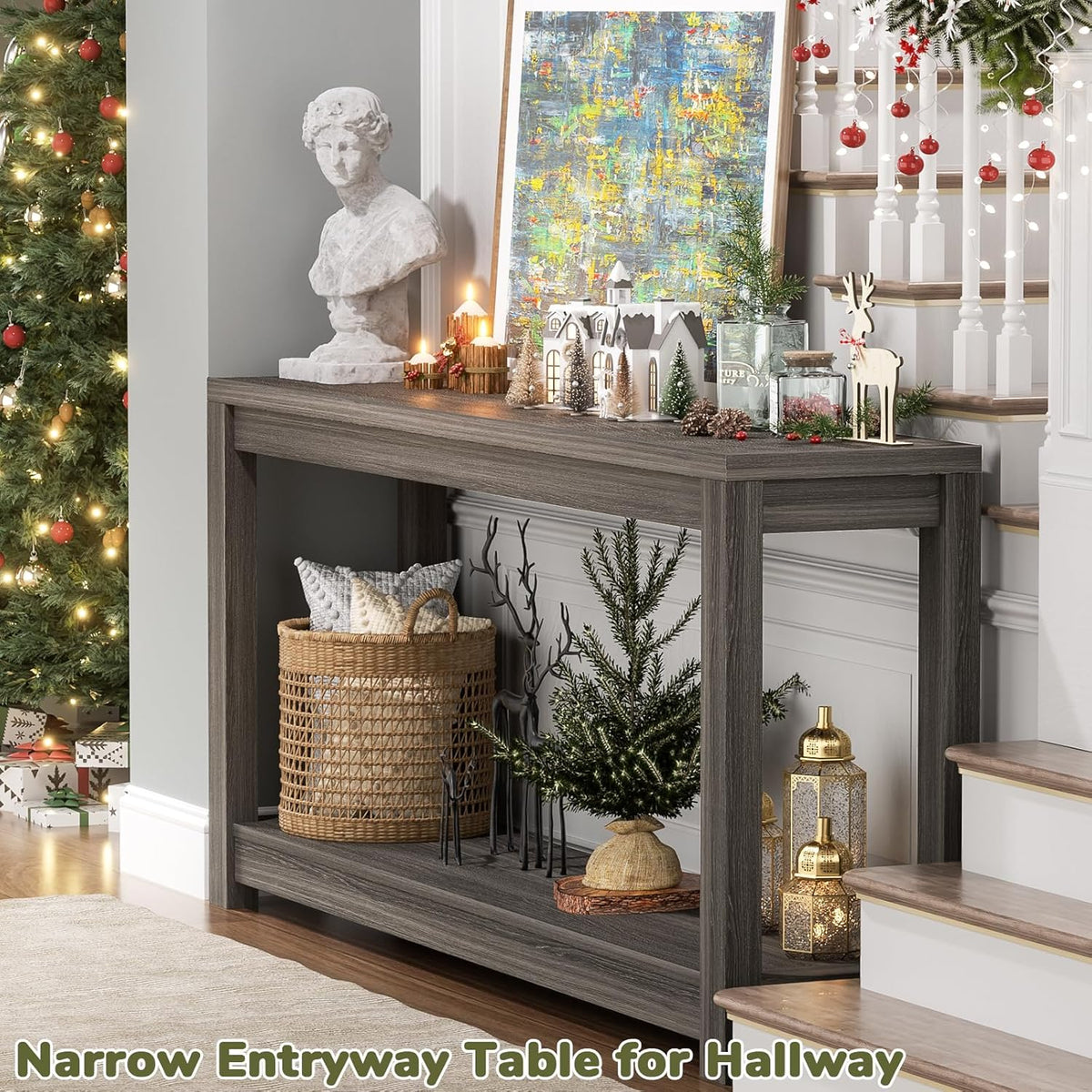 Besiost 47" Farmhouse Wood Entryway Table Narrow Console Table with Storage Behind Couch Sofa Table with Shelves Entry Way Table with Open Storage, Easy Assembly, Grey Walnut