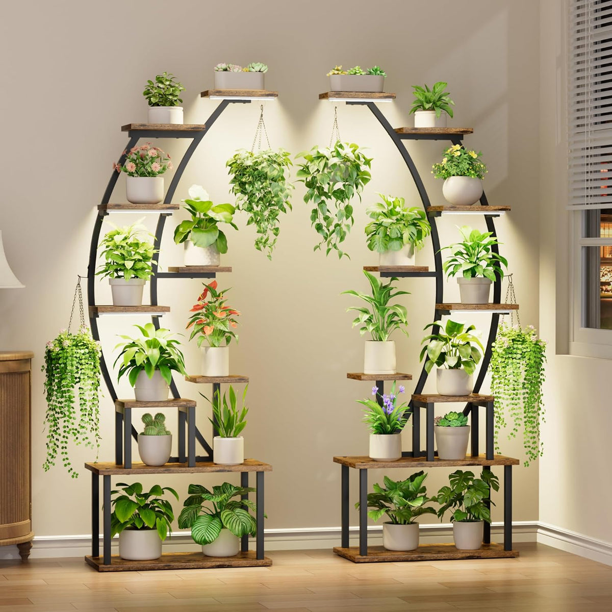 BACEKOLL Plant Stand Indoor with Grow Lights, 9 Tiered Metal Plant Shelf, 64" Tall Plant Stand for Indoor Plants Multiple, Large Plant Rack Display Shelf, Curved Plant Holder for Living Room, Patio
