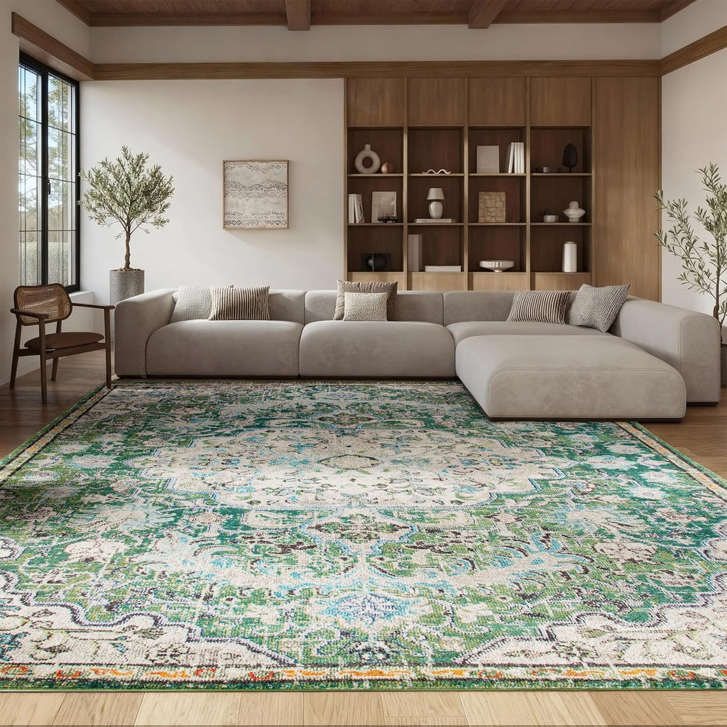 SAFAVIEH Area Rug 8x10 - Madison Collection - Large - Green & Turquoise, Boho Chic Medallion Distressed Design, Non-Shedding & Easy Cleaning, Ideal for Living Room, Bedroom, Dining Space (MAD447Y)