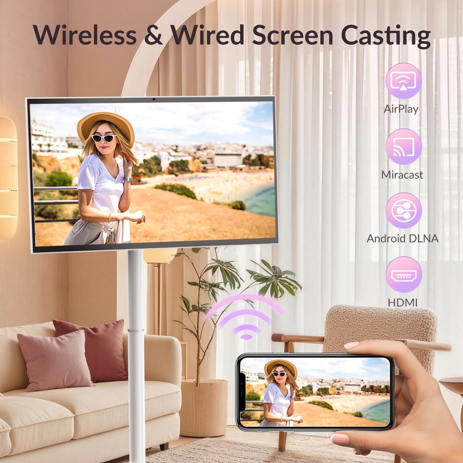 27-Inch Smart Portable TV on Wheels | Built-in 14-16H Battery | Qualcomm Snapdragon, 8+128GB Android 14 OS | EDLA Touch Screen, 13 MP Camera, Full Swivel Rotation, Remote & Voice Control
