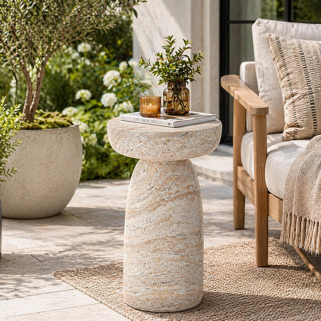 24" Outdoor Side Table, Large Modern Geometric Pedestal End Table, Decorative Patio Coffee Table for Balcony & Porch, Small Space Saving Accent Table, Planter Stand for Garden or Living Room