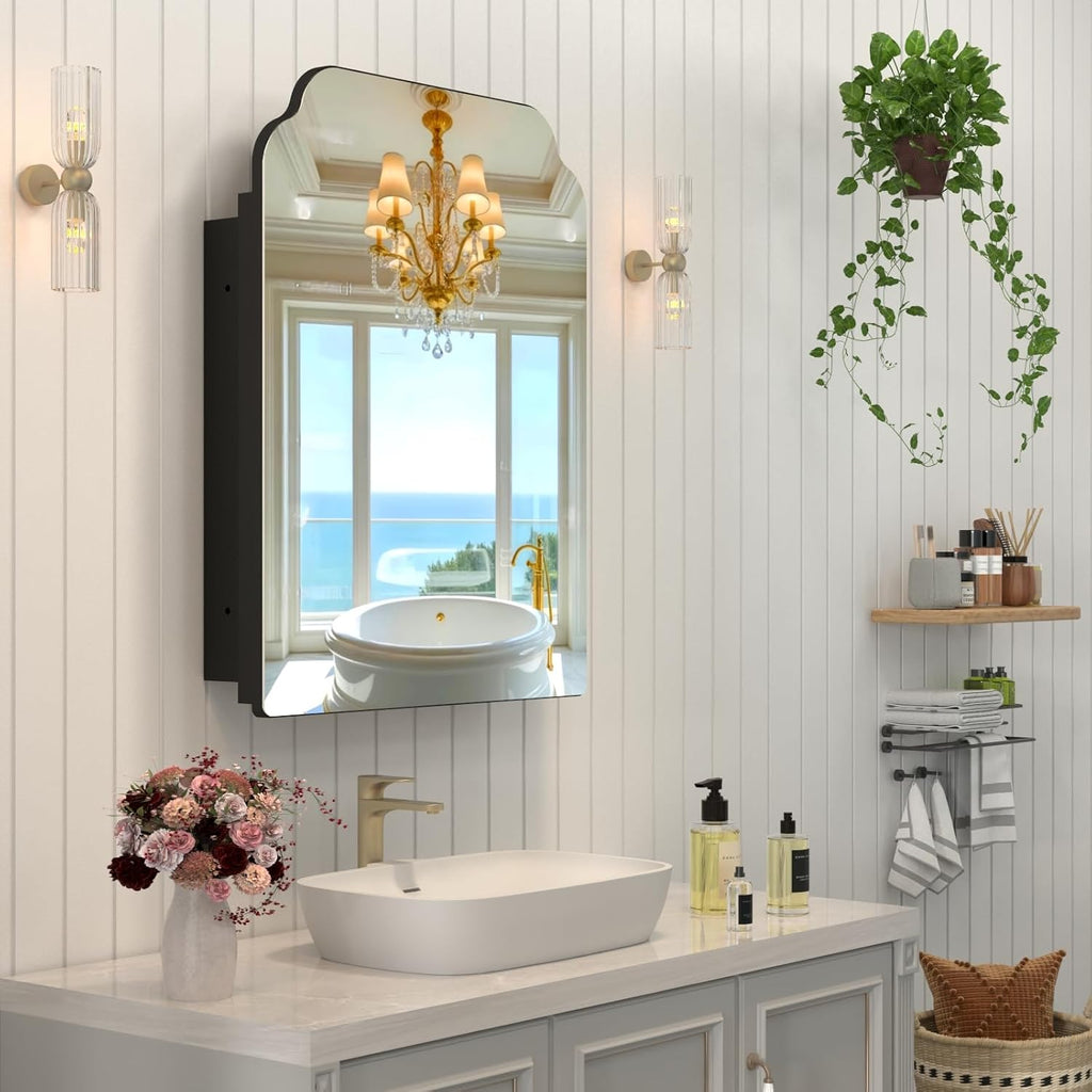 20"x26" Black Irregular Recessed Medicine Cabinet Mirror, Frameless Victorian Bathroom Decorative Mirror with Storage, Surface Mount Medicine Cabinets for Bathroom, Full Metal, 2 Removable Shelves