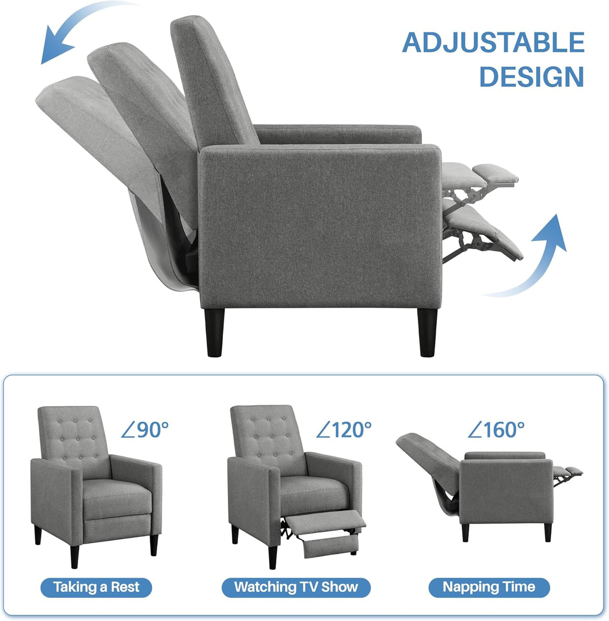 Yaheetech Fabric Recliner Chair Mid-Century Modern Recliner Adjustable Single Recliner Sofa with Thicker Seat Cushion Tufted Upholstered Sofa with Pocket Spring for Living Room Bedroom Gray Set of 2