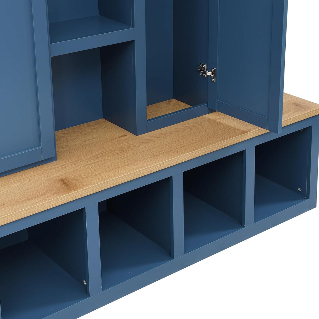 LUMISOL 4-in-1Wide Hall Tree with Wood Grain Bench and 8 Open Compartments, Farmhouse Style Entryway Bench with Storage Unit and 6 Hooks, 62.9" Rustic Coat Rack for Hallway Living Room, Blue
